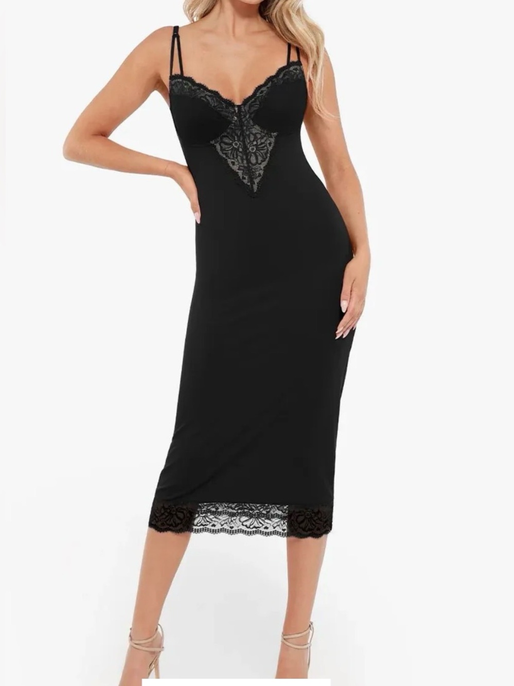 Popilush Black Lace-Trim Slip Dress size LARGE NEW, with shapewear incorporated